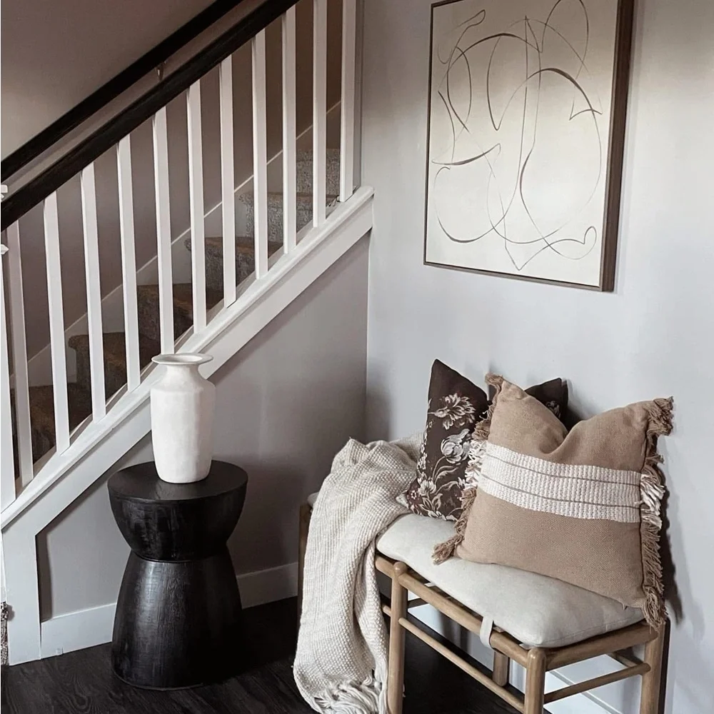 Woven Striped Square Throw Pillow Neutral/Cream: Fringed Trim Studio McGee